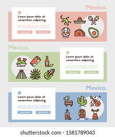 Mexico items color linear icons set. Mexican culture concept. Muerto, sombrero, lucha libre symbols pack. Pinata, tekila, taco design elements. Maracas, guitara, poncho. Isolated vector illustrations