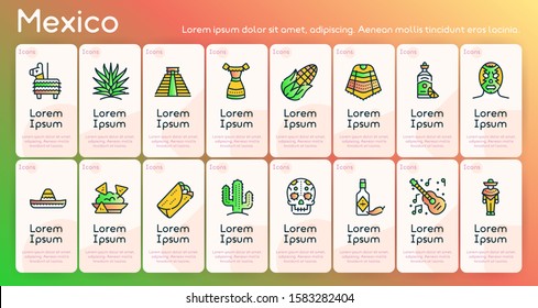 Mexico items color linear icons set. Mexican culture concept. Muerto, sombrero, lucha libre symbols pack. Pinata, tekila, taco design elements. Maracas, guitara, poncho. Isolated vector illustrations