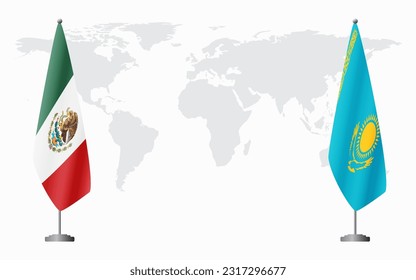 Mexico and Kazakhstan flags for official meeting against background of world map.