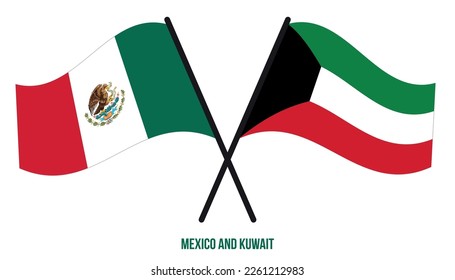 Mexico and Kuwait Flags Crossed And Waving Flat Style. Official Proportion. Correct Colors.