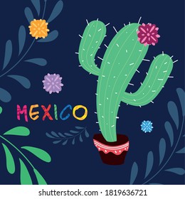 mexico label with cute cactus, poster vector illustration design