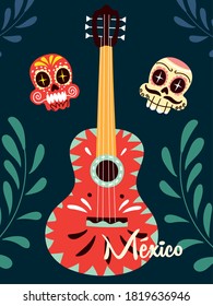 mexico label with mexican guitar, musical instrument vector illustration design