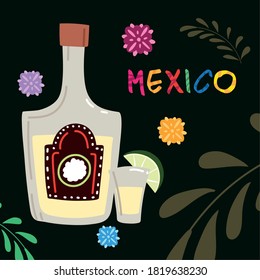 mexico label with tequila bottle, traditional Mexican drink vector illustration design