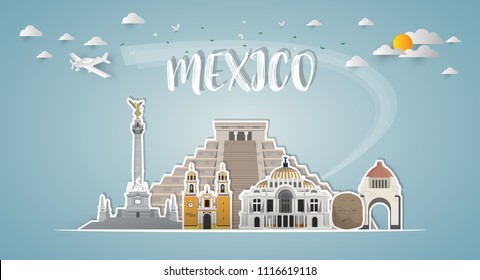 Mexico Landmark Global Travel And Journey paper background. Vector Design Template.used for your advertisement, book, banner, template, travel business or presentation.