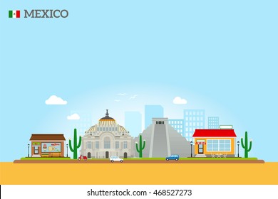 Mexico landmarks skyline colored illustration on sky blue background. Vector icon