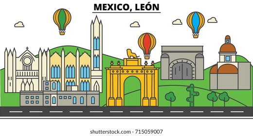 Mexico, Leon. City skyline, architecture, buildings, streets, silhouette, landscape, panorama, landmarks. Editable strokes. Flat design line vector illustration concept. Isolated icons