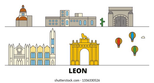 Mexico, Leon line city with famous travel sights, skyline, design. 