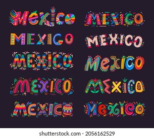 Mexico lettering elements. Mexican festive vector typography. Mexico letters with colorful pattern of flowers, leaves and swirls, Mexican fiesta, holiday, festival or carnival greeting card
