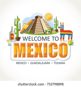 Mexico lettering sights symbols landmarks culture illustration