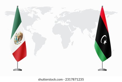 Banderas de México y Libia para una reunión oficial en el fondo del mapa mundial.