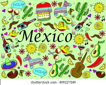 Mexico line art design vector illustration. Separate objects. Hand drawn doodle design elements.