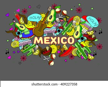 Mexico line art design vector illustration. Separate objects. Hand drawn doodle design elements.