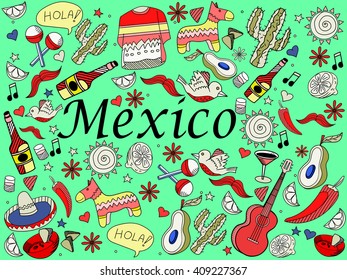 Mexico line art design vector illustration. Separate objects. Hand drawn doodle design elements.