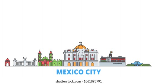 Paisaje urbano en línea México, vector plano. Punto de referencia de la ciudad de viajes, ilustración de oultine, íconos del mundo de la línea