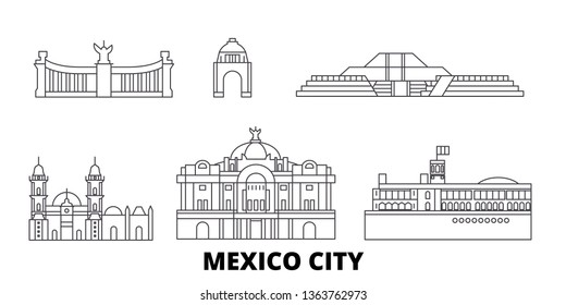 Línea de viajes en línea México, línea fija. México, México esbozan ilustración, símbolo, monumentos, monumentos.