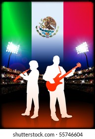 Mexico Live Music Band on Stadium Concert Background with Flag Original Illustration