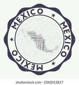 Mexico logo. Astonishing country badge with word cloud in shape of Mexico. Round emblem with country name. Captivating vector illustration.