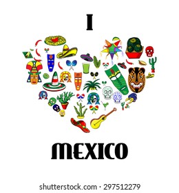 Mexico love - heart with set of illustrations