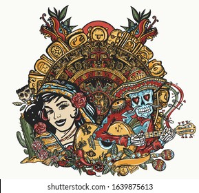 Mexico. Love story. Tattoo. Mexican latin woman in ancient clothes, skeleton with a guitar and sun stone. Aztec and Mayan concept. Mesoamerican monolith. Totem 