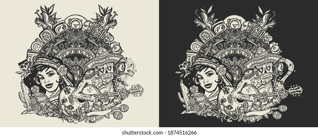 Mexico. Love story. Tattoo and t-shirt design. Aztec and Mayan concept. Mesoamerican monolith. Totem. Mexican latin woman in ancient clothes, skeleton with a guitar and sun stone. One color vector