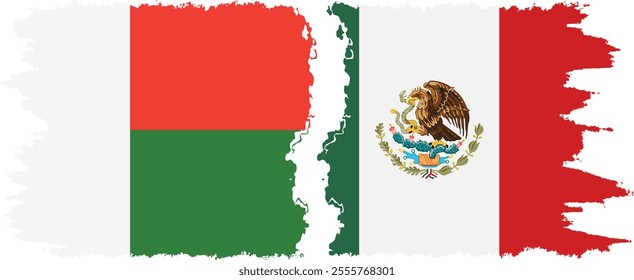 Mexico and Madagascar grunge flags connection, vector