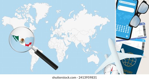 Mexico is magnified over a World Map, illustration with airplane, passport, boarding pass, compass and eyeglasses. Vector illustration.