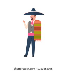 Mexico Man In Traditional Costume And Mexican Sombrero Isolated On White Background
