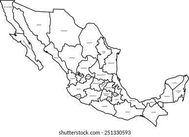 Black Outline Political Map Mexico Administrative Stock Vector (Royalty ...