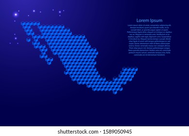 Mexico map from 3D classic blue color cubes isometric abstract concept, square pattern, angular geometric shape, glowing stars. Vector illustration.