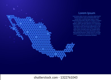 Mexico map abstract schematic from blue triangles repeating pattern geometric background with nodes and space stars for banner, poster, greeting card. Vector illustration.