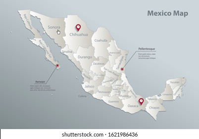 Mexico map, administrative division with names, blue white card paper 3D vector