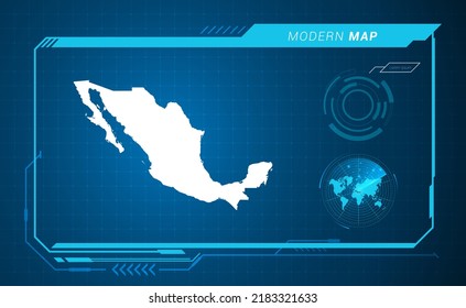 Mexico map of blue digital frame HUD, GUI, UI interface technology radar vector.