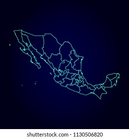 Mexico map: blue glitter outline with sparkling stars on dark background. Detailed map of Mexico. Vector illustration.