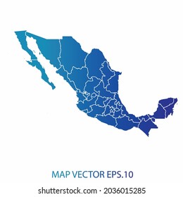 Mapa de México, color de gradiente azul , estilo infográfico , sobre fondo blanco con Map World. Malla 3D del marco de cables, mapa 3D,