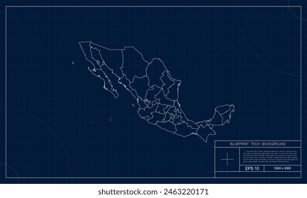 Mexiko Karte mit Blueprint Tech Style Hintergrund.