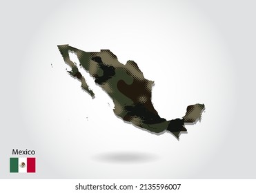 Mexico map with camouflage pattern, Forest - green texture in map. Military concept for army, soldier and war. coat of arms, flag.