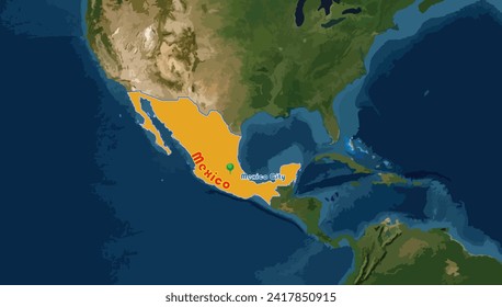 Mexico map and its capital Mexico City on the world background. The country is border with the United States. It is famous for temperate weather, Mayan temple ruins and agricultural products.