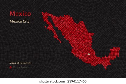 Mexico Map with a capital of Mexico City Shown in a Mosaic Pattern. Black background
