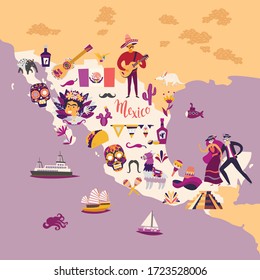 Mexico map cartoon style vector illustration. Mexico with traditional symbols and decorative elements. Abstract travelers map poster. Hand draw colorful illustrations background