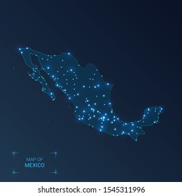 Mexico map with cities. Luminous dots - neon lights on dark background. Vector illustration.