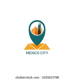 Mexico map city pin point geolocation modern skyline shape pointer vector flat logo web icon illustration
