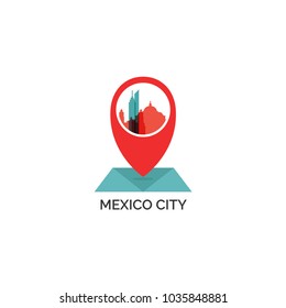Mexico map city pin point geolocation modern skyline shape pointer vector flat logo web icon illustration
