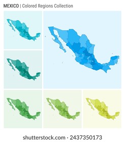 Mexico map collection. Country shape with colored regions. Light blue, cyan, teal, green, light green, lime color palettes. Border of Mexico with provinces for your infographic. Vector illustration.