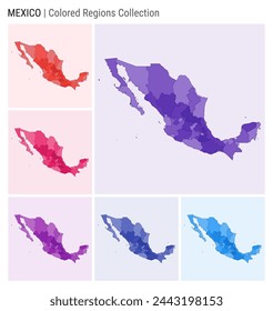 Mexiko-Kartensammlung. Landform mit farbigen Bereichen. Deep Purple, Red, Pink, Purple, Indigo, Blue Farbpaletten. Grenze von Mexiko mit Provinzen für Ihre Infografik. Vektorgrafik.