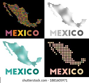 Mexico map. Collection of maps of Mexico in dotted style. Borders of the country filled with rectangles for your design. Vector illustration.
