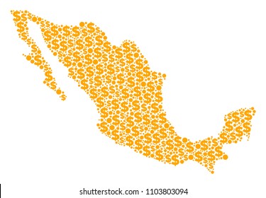 Mexico map composition of dollar symbols and sphere points in variable sizes. Abstract vector financial and GDP Mexico map.