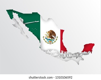 Mexico map concept with famous landmarks in paper cut style vector illustration.