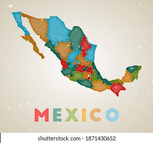 Mexico map. Country poster with colored regions. Old grunge texture. Vector illustration of Mexico with country name.