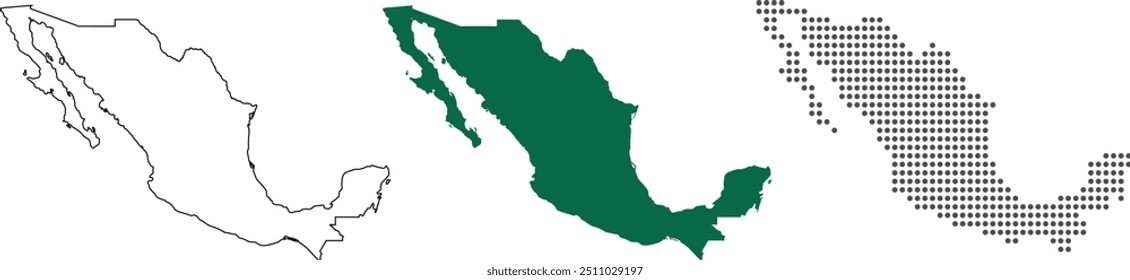 Mexico map detailed in outline, green color, dotted style.