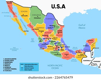 Mapa de México con nombres detallados de estado y ciudad